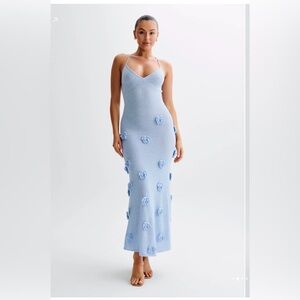 MESHKI SUKI Knit Maxi Dress With Flowers - Light Blue BRAND NEW WITH TAGS
